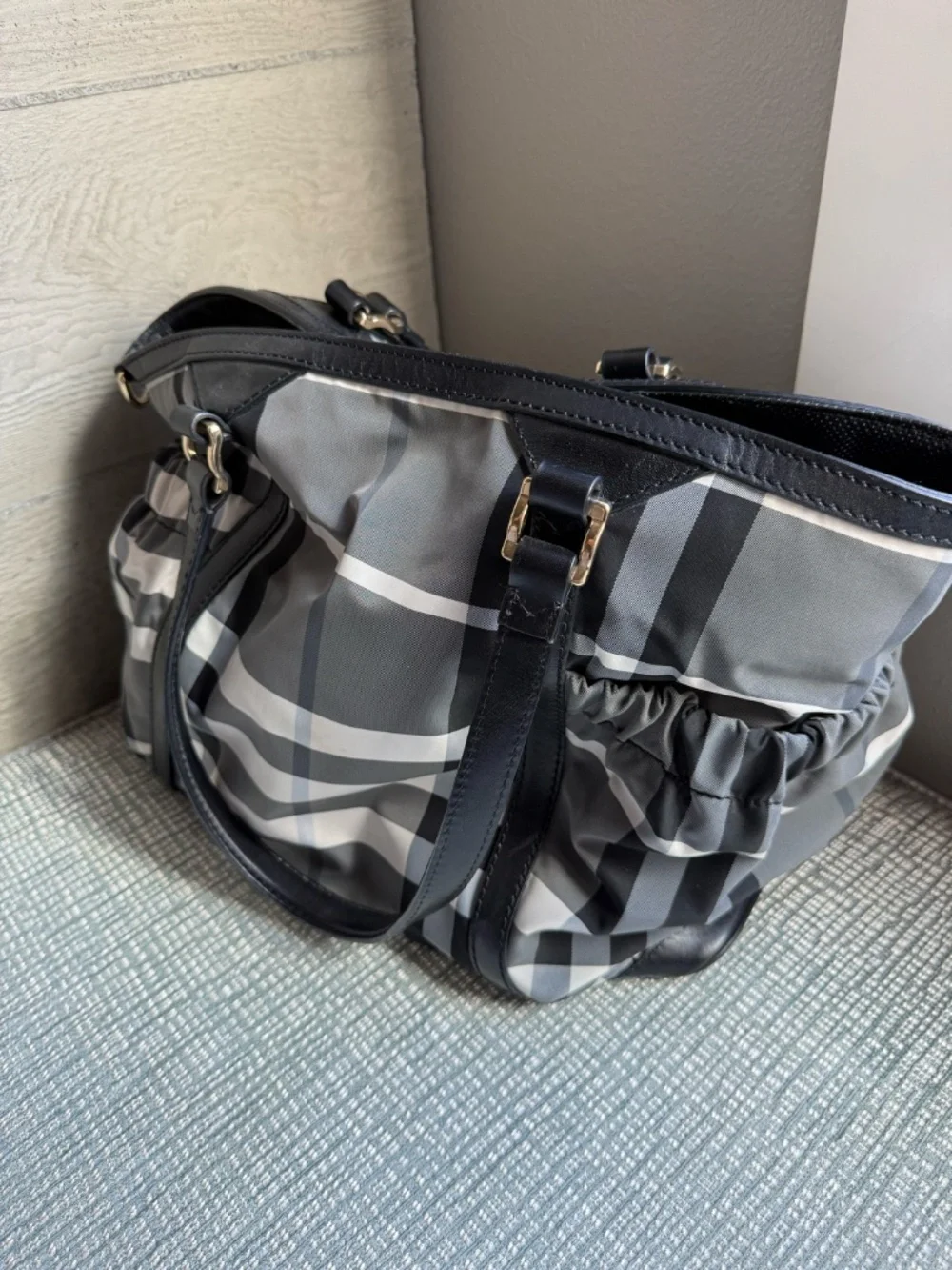 Burberry Nova Check Nylon Diaper Bag Tote – Black/Gray Leather Trim